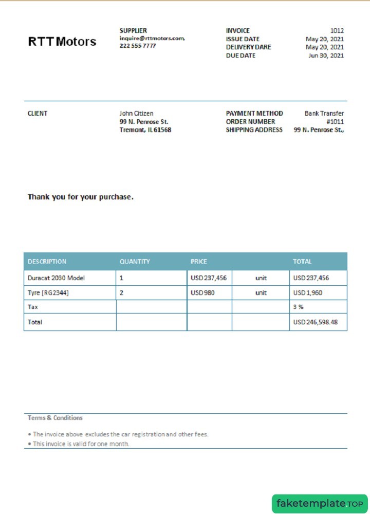 Feature of fake USA RTT Motors invoice example